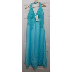 Xscape womens size 10 prom dress bridesmaid aqua blue hand beaded halter neck